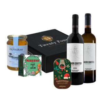 Cabaz 7 - Vinho Senhor Doutor Reserva (Tinto e Branco) + Sardinhas de Chocolate + Patê + Mel