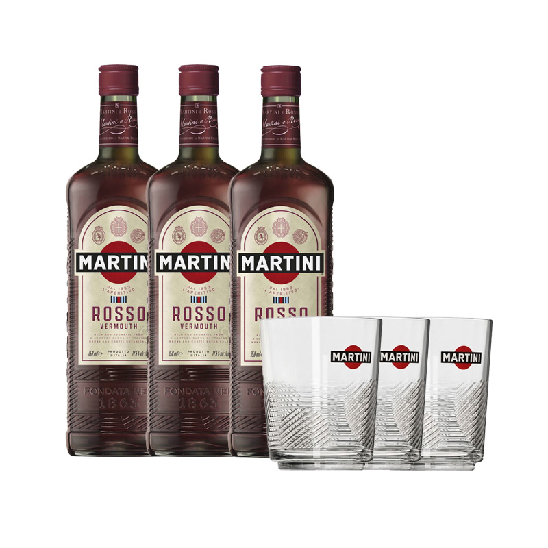 Conjunto Martini Rosso - 3 Garrafas 75cl + 3 Copos